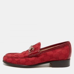 مملوكة مسبقًا Gucci Red GG Canvas and Patent Leather Horsebit Loafers Size 38