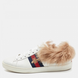 Gucci White Leather and Fur New Ace Bee Embroidered Low Top Sneakers Size 39