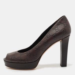 Pre Owned Gucci Brown Guccissima Leather Peep Toe Platform Pumps Size 38