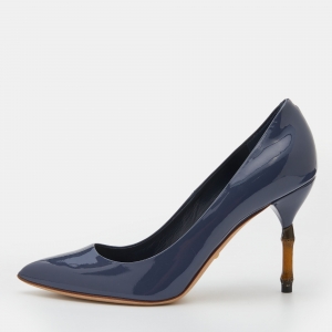 مملوكة مسبقًا Gucci Slate Blue Patent Leather Kristen Bamboo Heel Pumps Size 38.5