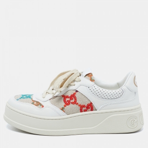 مملوكة مسبقًا Gucci White/Beige Canvas and Leather GG Lace Up Sneakers Size 38