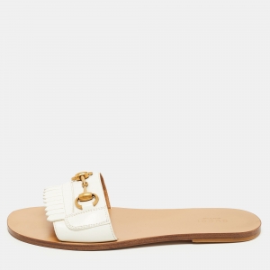 Gucci White Leather Fringe Trim Accent Slides Size 39