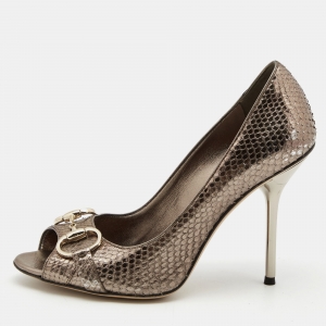 Gucci Metallic Bronze Python Leather Horsebit Peep Toe Pumps Size 37.5
