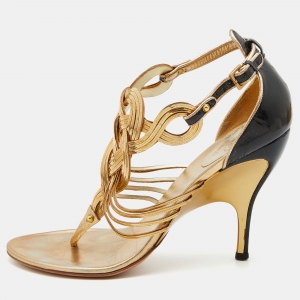 Gucci Metallic Gold/Black Leather Chain Occasion Ankle Strap Sandals Size 38