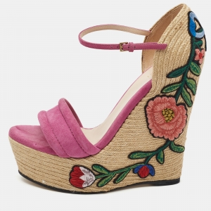 Gucci Pink Suede Floral Espradrille Wedge Sandals Size 38
