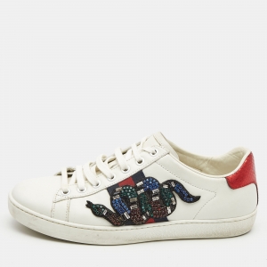 Gucci White Leather Embellished Snake Ace Sneakers Size 37
