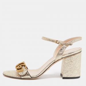 Gucci Gold Foil Leather GG Marmont Ankkle Strap Sandals Size 37.5