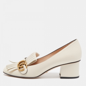 Pre Owned Gucci White Leather GG  Marmont Fringes Block Heel Pumps Size 39