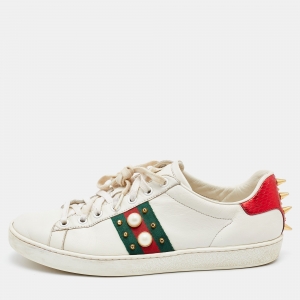 Gucci White Leather Web Detail New Ace Faux Pearl Embellished Low Top Sneakers Size 39.5