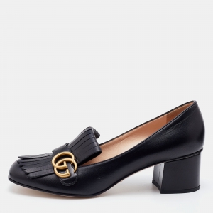 Pre Owned Gucci BlackLeather Double G Fringes Mid Heel Pumps Size 41