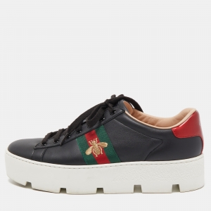 Gucci Black Leather Embroidered Bee Ace Platform Sneakers Size 38.5