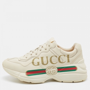 Gucci Beige Leather Rhyton Gucci Logo Low Top Sneakers Size 37