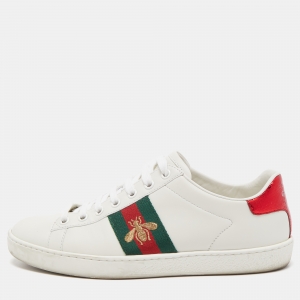 Gucci White Leather Embroidered Bee Ace Sneakers Size 37