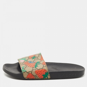 Gucci Multicolour GG Strawberry Canvas Flat Slide Size 37