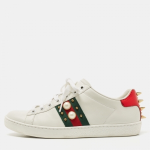 Gucci White/Green Leather Pearl Embellished Ace Sneakers Size 37