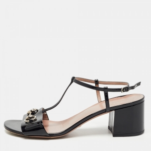 Gucci Black Patent  Horsebit T-strap Block Heel Sandals Size 41