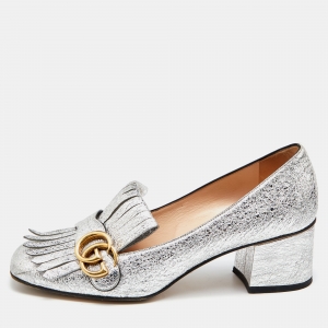 Gucci Silver Foil Leather GG Marmont Fringe Detail Block Heel Pumps Size 39