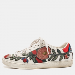 Gucci White Leather Floral Embroidered Ace Sneakers Size 36.5