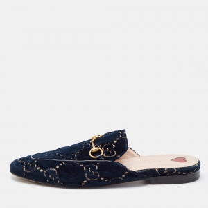 Gucci Navy Blue Velvet Princetown Mules Size 39