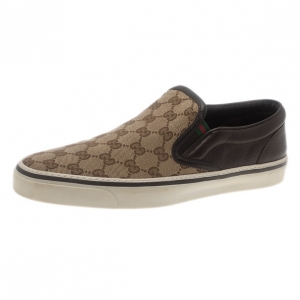 Pre Owned Gucci GG Canvas and Leather Slip On Sneakers Size 43.5