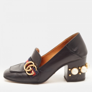 Gucci Black Leather GG Marmont Web Faux Pearl Embellished Block Heel Loafer Pumps Size 36.5