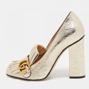 Pre Owned Gucci Gold Crinkled Leather GG Marmont Fringed Loafer Pumps Size 38