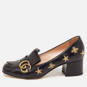Gucci Black Embroidered Leather GG Marmont Fringe Pumps Size 37.5