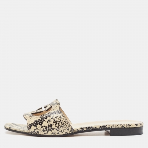 Pre Owned Gucci Grey/Black Python Embossed Logo Cut Flat Slides Size 38.5