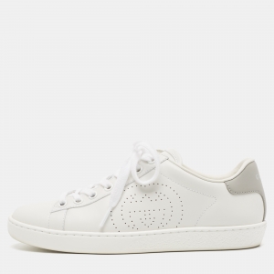 Gucci White/Grey Leather Interlocking G Ace Sneakers Size 36