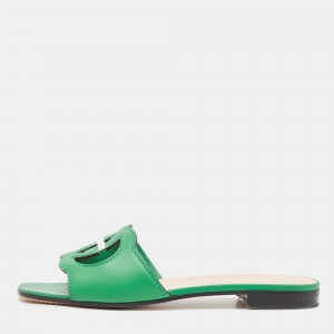 Pre Owned Gucci Green Leather Cut Out Flat Slide Size 39