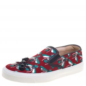 Gucci Red Bee Jacquard Fabric Ant Embellished Slip On Sneakers Size 38.5