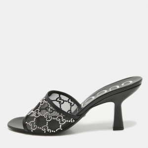 Gucci Black GG Crystal Embellished Mesh Slide Sandals Size 41.5