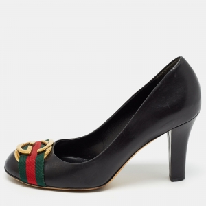 Pre Owned Gucci Black Leather Web Interlocking G Buckle Pumps Size 38