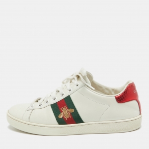 Gucci White Leather and Sneak Embossed Ace Web Sneakers Size 37