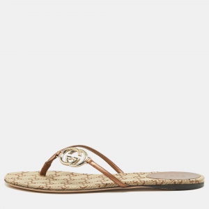 Pre Owned Gucci Brown/Metallic Bronze Interlocking G Logo Thong Slide Flats Size 38.5 