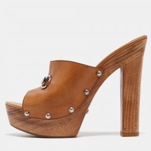 Pre Owned Gucci Brown Leather Horsebit Open Toe Clogs Size 39.5