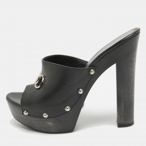 Gucci Black Leather Horsebit Open Toe Clogs Size 39.5