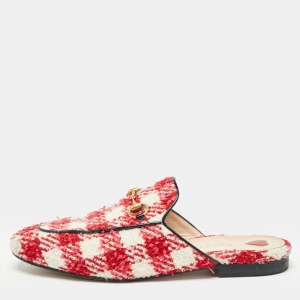 Pre Owned Gucci Red/White Tweed Princetown  Mules Size 38.5