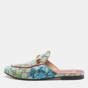 Pre Owned Gucci Grey Canvas Flower Printed Princetown Mules Size 38.5