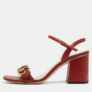 Pre Owned Gucci Red Leather GG Marmont  Ankle Strap Sandals Size 36