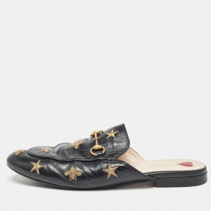 Gucci Black Leather Star and Bee Embroidered Princetown Flat Mules Size 39.5