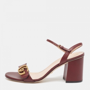 Pre Owned Gucci Burgundy Leather GG Marmont Ankle Wrap Sandals Size 38.5