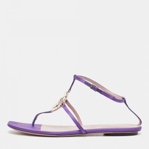 Pre Owned Gucci Purple Satin Crystal Embellished Interlocking G Thong Flat Sandals Size 39