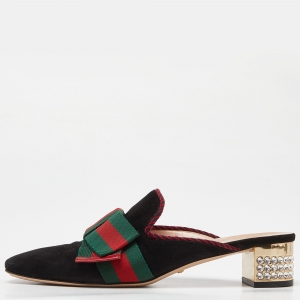 Gucci Black Suede Sylvie Bow Crystal Embellished Heel Slide Mules Size 40