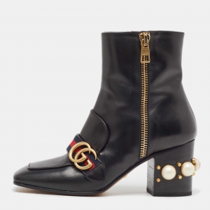 Gucci Black Leather Logo Pearl Embellished Ankle Boots Size 38