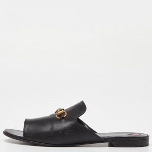 Pre Owned Gucci Black Leather Horsebit Flat Slides Size 39.5