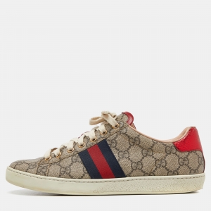 Gucci Beige/Brown GG Supreme Canvas Ace Web Sneakers Size 38