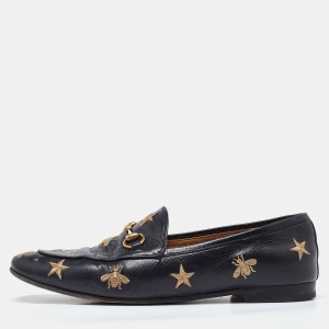 Pre Owned Gucci Black Leather Jordaan Embroidered Bee Horsebit Slip On Loafers Size 39