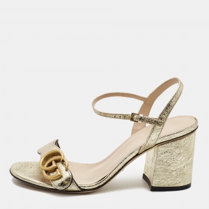 Gucci Gold Textured Leather GG Marmont Ankle Strap Sandals Size 35.5