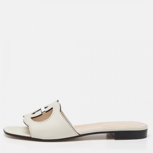 Pre Owned Gucci Cream Leather Interlocking G Cut Out Flat Slides Size 39